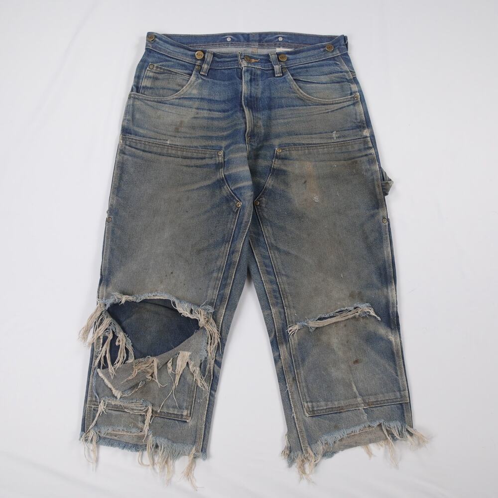Vintage THRASHED Faded Blue Carhartt Style Denim KEY Double Knee Capri Shorts 31